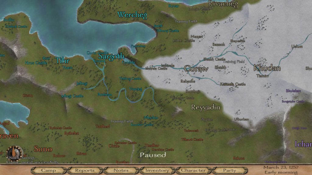 This is the northern part of Calradia. The Kingdom of Nords is in light blue, Vaegirs in gray and Swadia in orange. The purple Khergit Khanate is also visible. I am the tiny dot near Reyvadin.