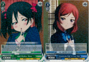 Some cards just don't play by the rules. Nico (left) is a clock kicker AND gives -1 soul in front. Maki is a level 3 who can be played at level 2 under certain conditions.