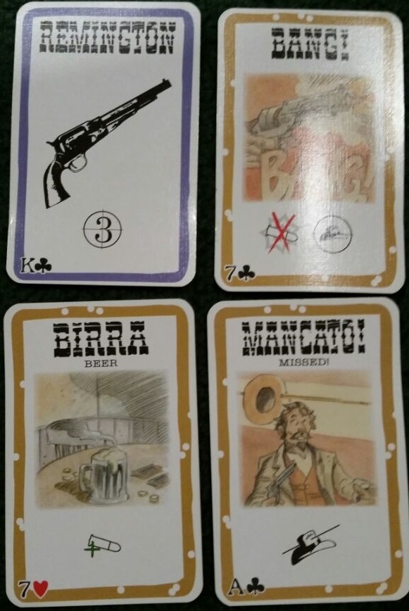 The four cards that make the foundation of the gameplay. Bang! lets you shoot another player, Missed! can counter-act a Bang!, Beer can heal you, and blue-bordered cards are played in front of a player to buff or hinder them.