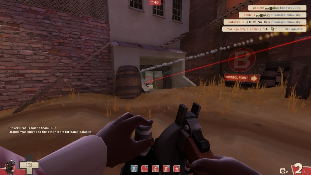Due to TF2 having crosshairs, the Wrangler's laser sight is more of a downside than an upside, though it does help alert the engy when he's actually firing his sentry into a corner. 