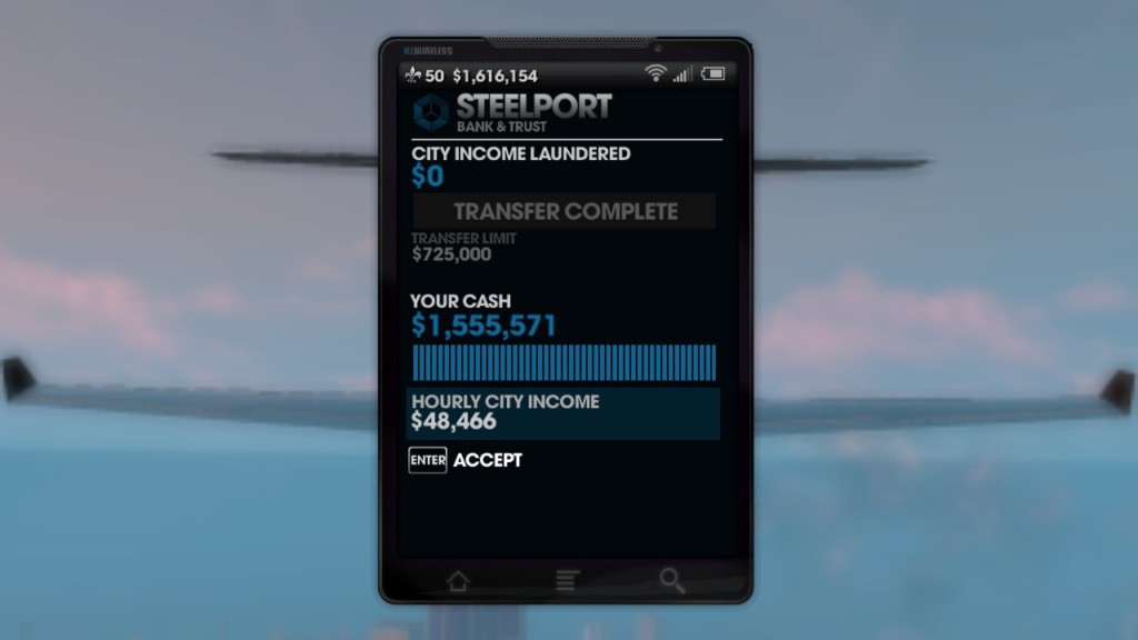 I get a lot of money every hour, mostly because I own most of the property in Steelport.
