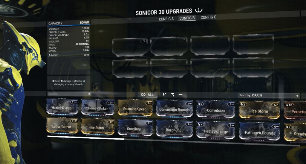 The Sonicor's basic stats with no mods. Ignore the V polarity, that's from the Forma I added.