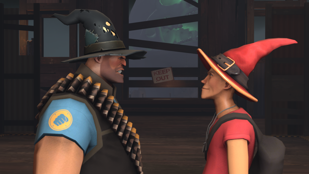 A very angry Crone's Dome Heavy staring down at a smug-looking Point and Shoot Scout. Or just a normal Scout, that Bostonian barfbag always look smug.
