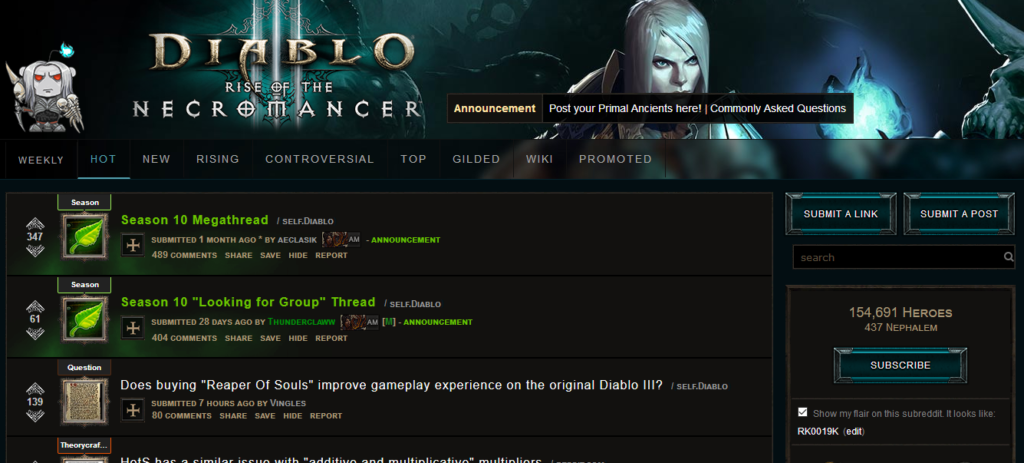 Diablo's subreddit is lovely, matching the style of its core subject.
