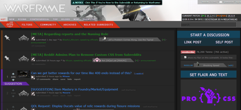 r/warframe isn't that special, but it's a nice-looking subreddit with both a night theme and a day theme.