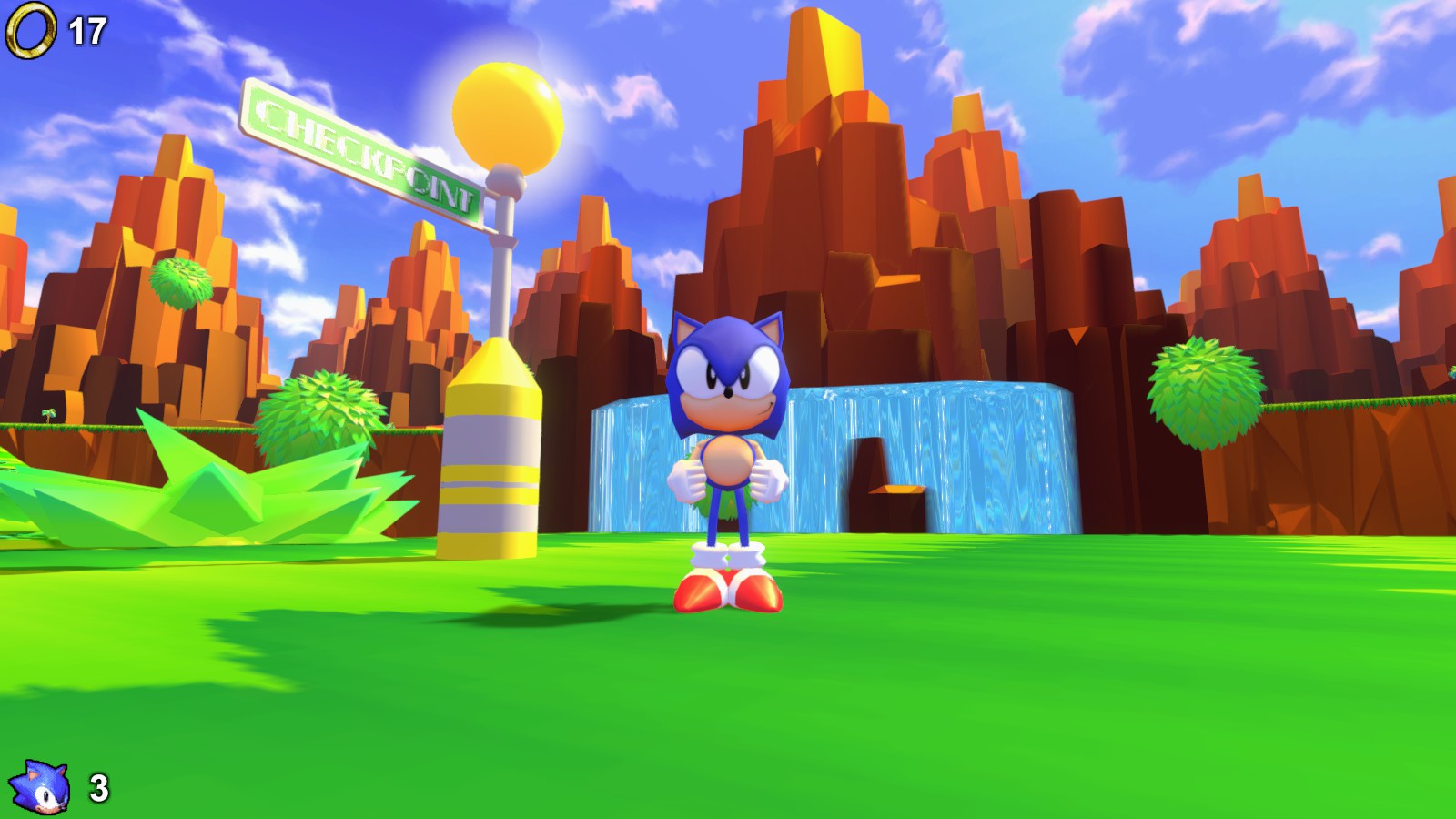 Sonic is back, baby! Relaxing by a checkpoint.