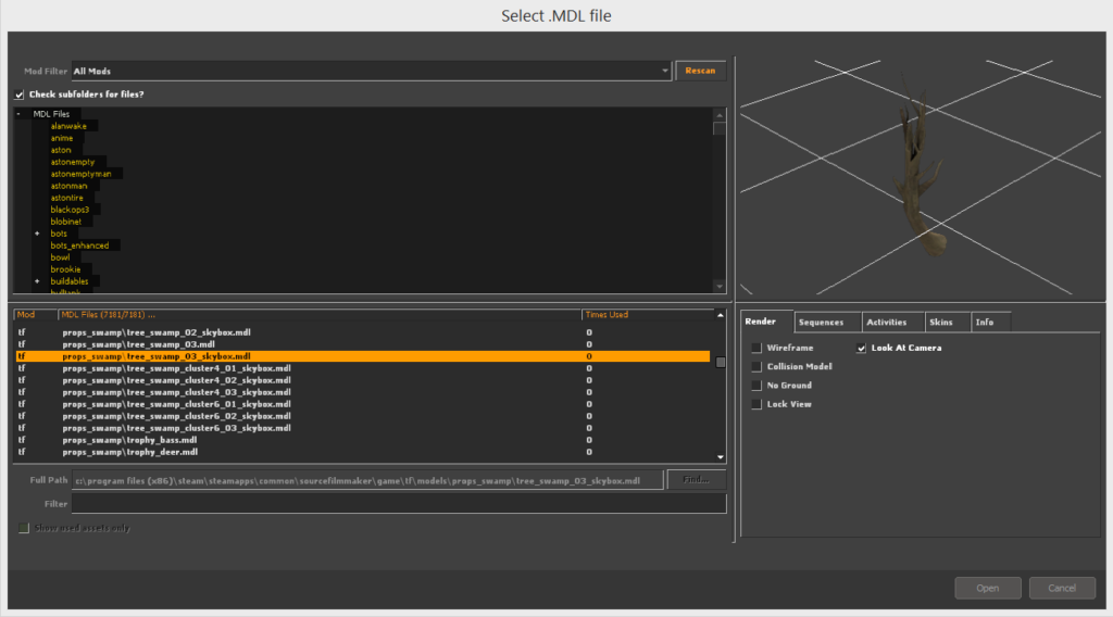 The selection window for spawning models.