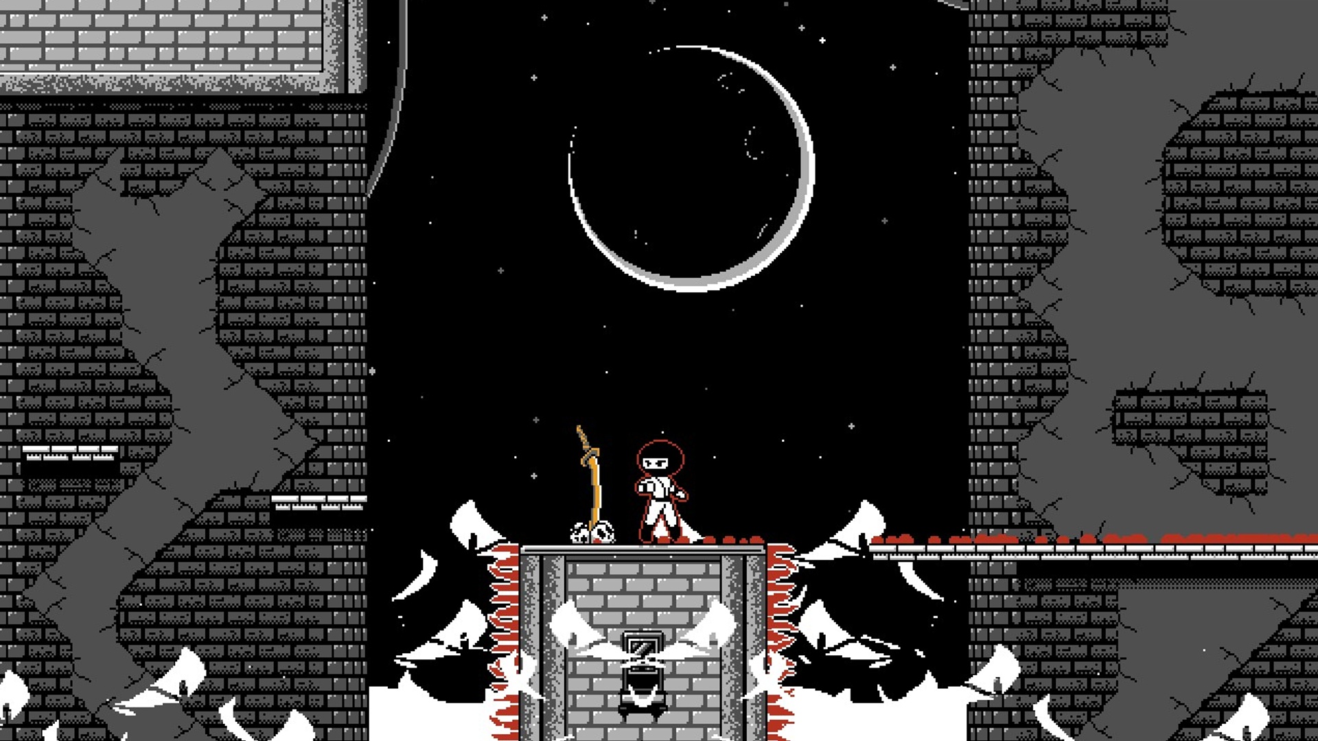 Screenshot of the first level showing the Ninja posed above dancing flames.