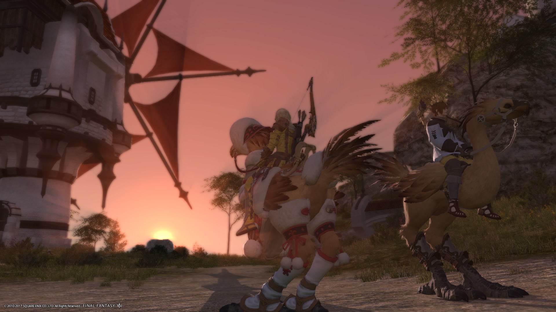 On chocobos at sunset in La Noscea.