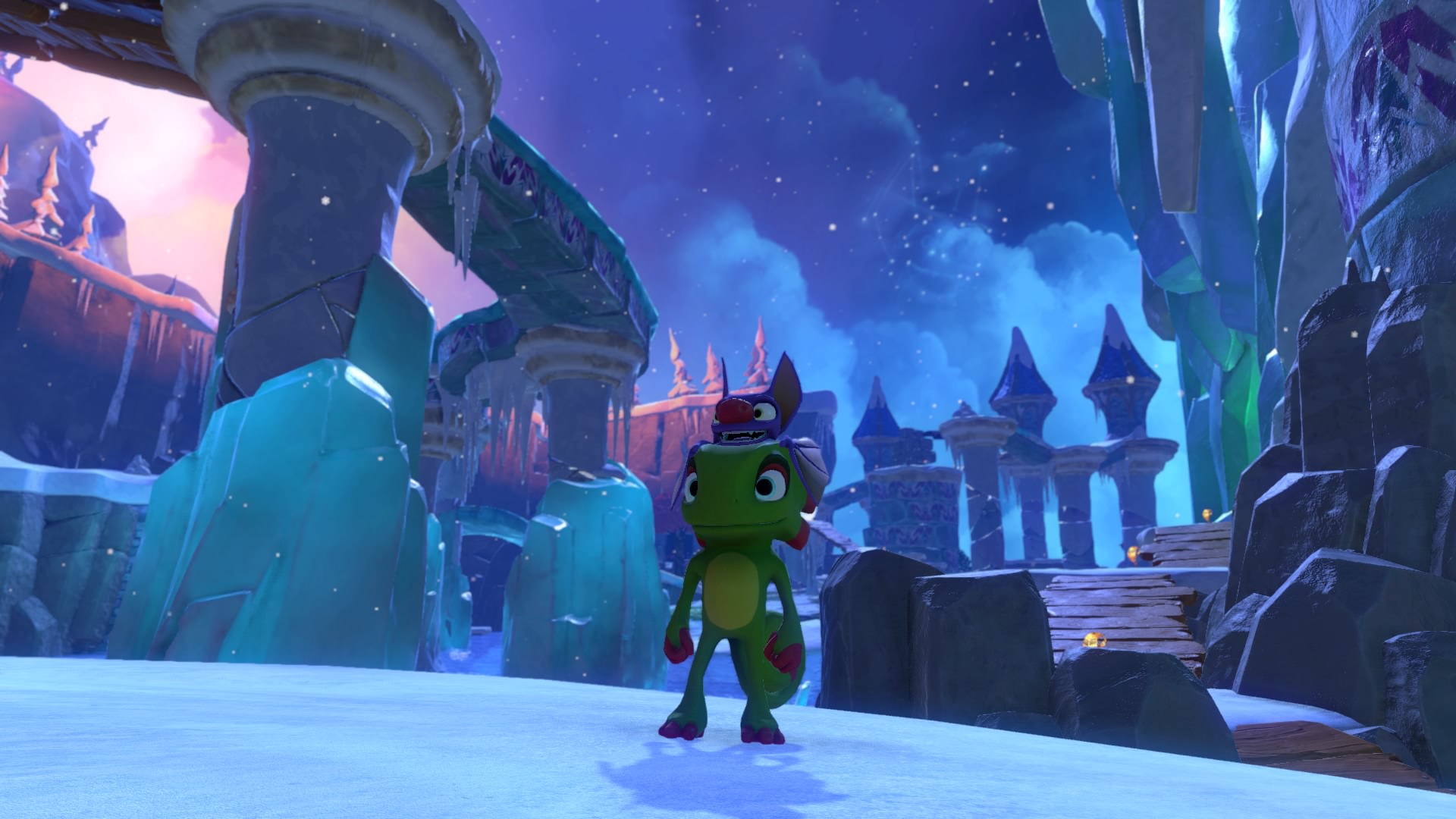 Yooka and Laylee stood against a starlit sky.