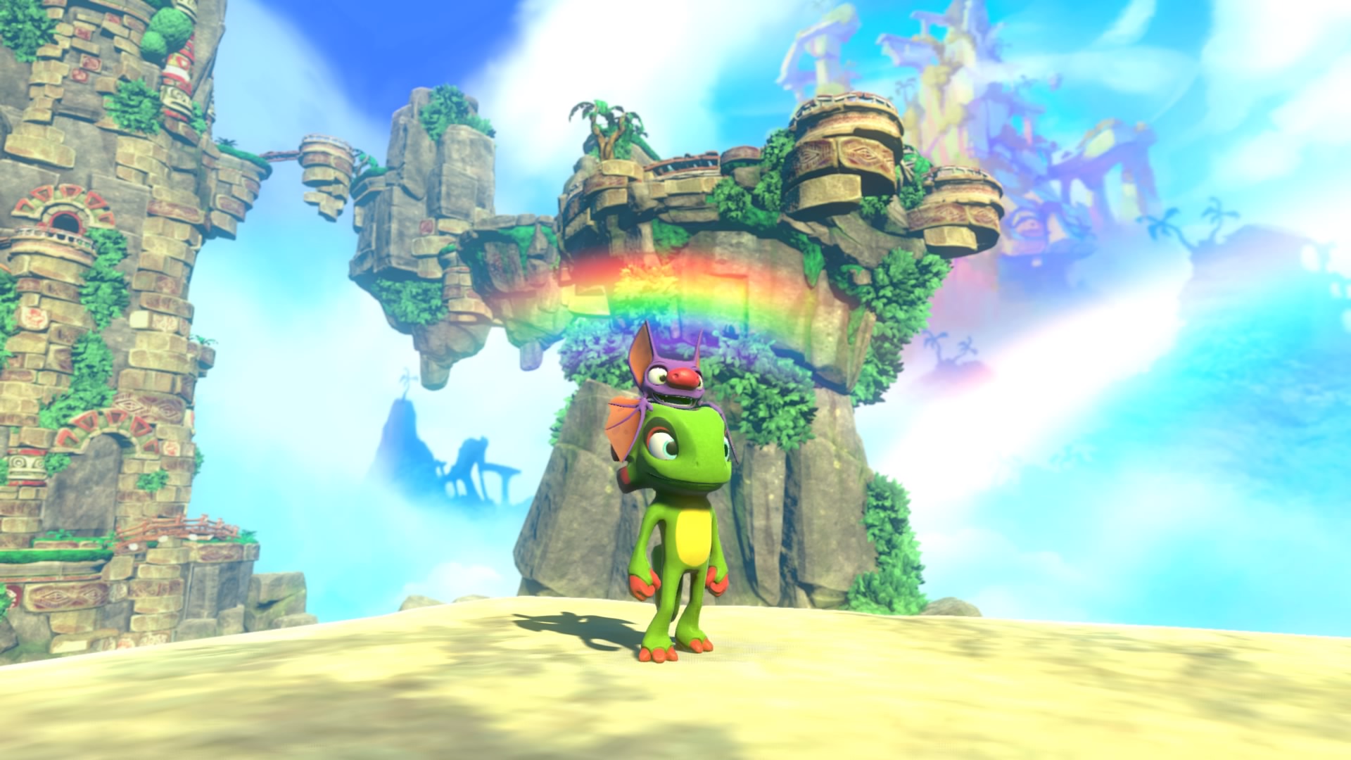Yooka and Laylee stood beneath a rainbow in the first level.
