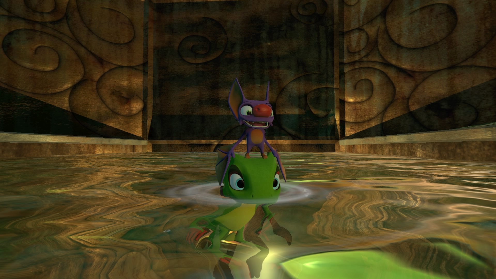 Laylee perched on Yooka's head as he swims.