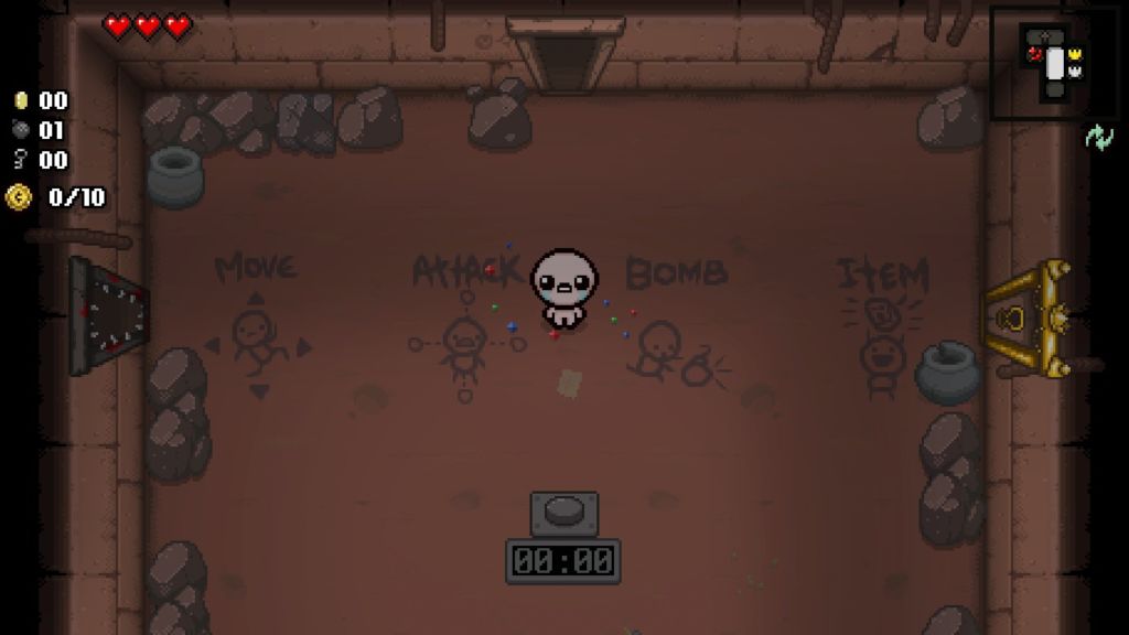 Isaac in the Basement, the starting room of Greed Mode