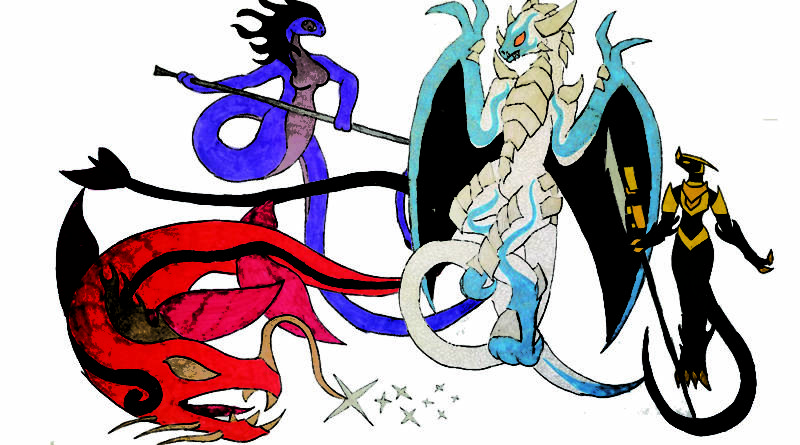 From left to right: Epani, Goddess of Space; Yisini, Goddess of Love, Life and Pleasure; Kairos, Dragon God of Time; Arkadin, God of Entropy.