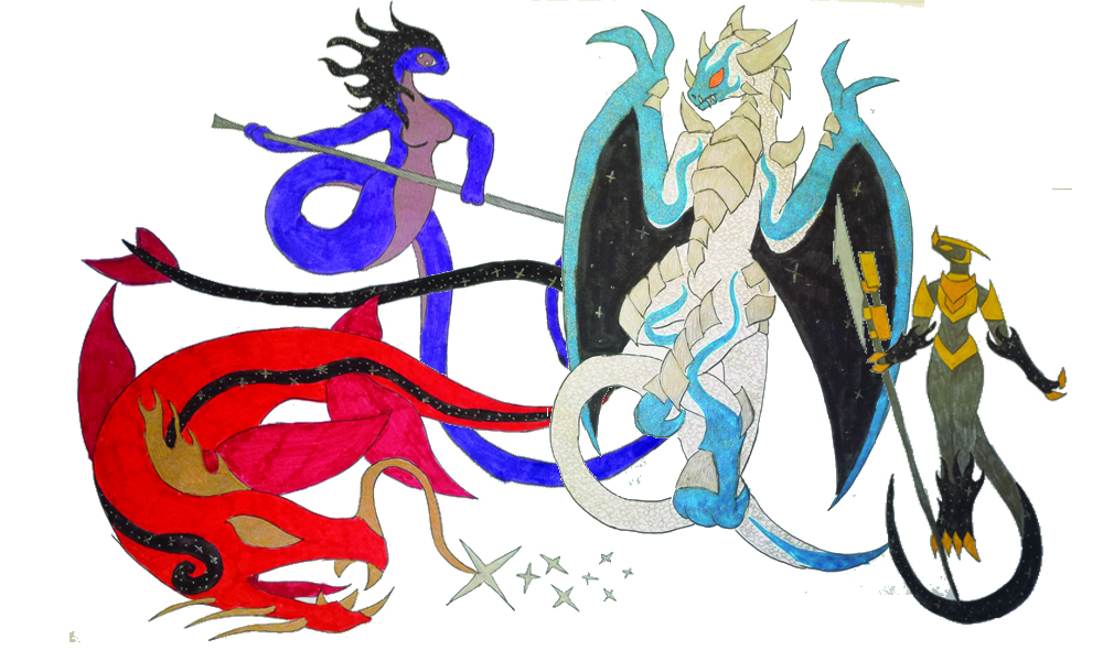 From left to right: Epani, Goddess of Space; Yisini, Goddess of Love, Life and Pleasure; Kairos, Dragon God of Time; Arkadin, God of Entropy. 