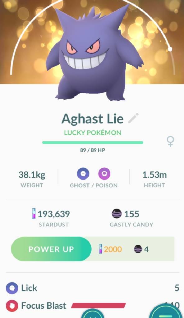 My lucky Gengar, evolved during the event, named after Auto Correct