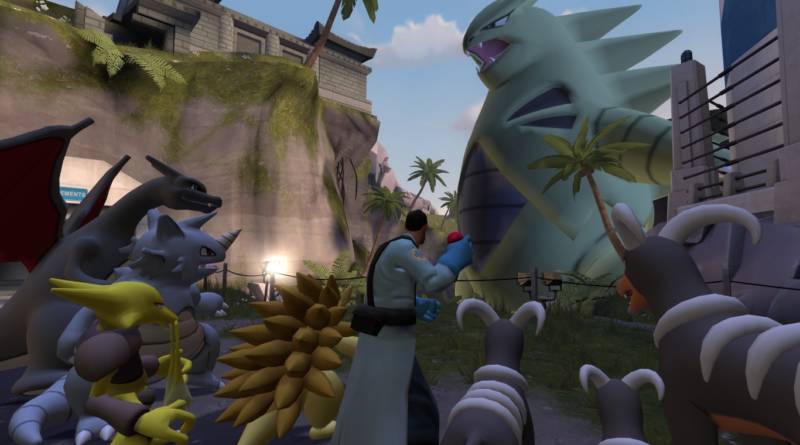 Medic and a bunch of Pokemon face a massive Tyranitar