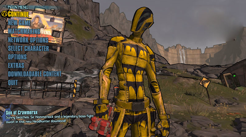The BL2 Main Menu. Zer0 is really dreading doing that starter level again...