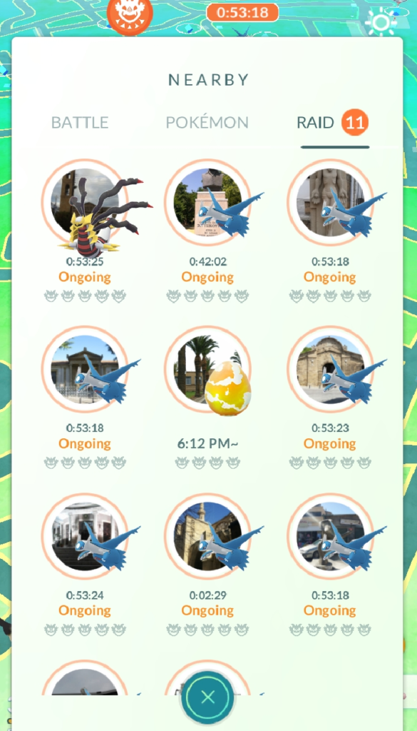 On Friday 19th, there was a mini Pokemon Go event where every nearby gym had a raid on it. These were all the raids available while I was in the heart of Nicosia. Larger cities are like this all the time!