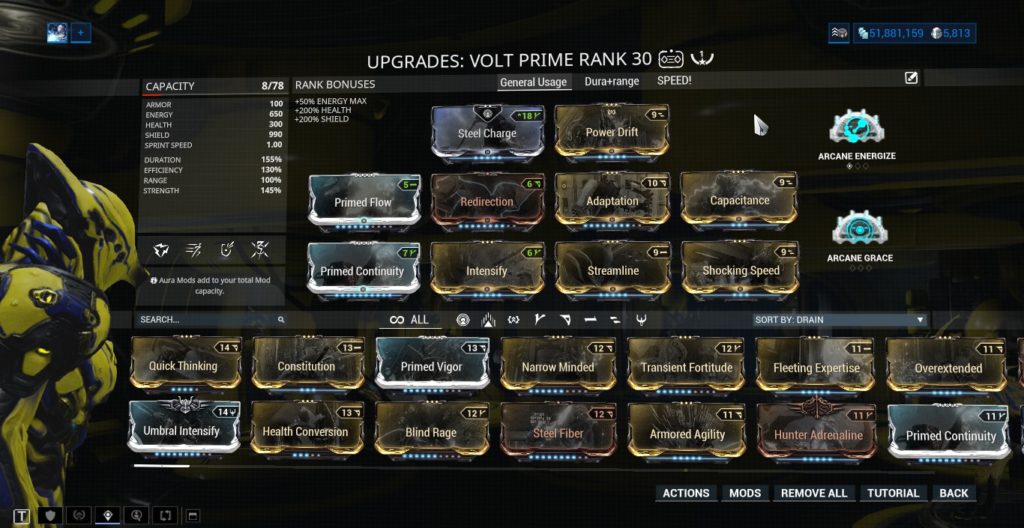 The one forma build for Volt Prime, consisting of Primed Flow, Continuity, Adaptation, Intensify, Power Drift, Redirection and two Augments