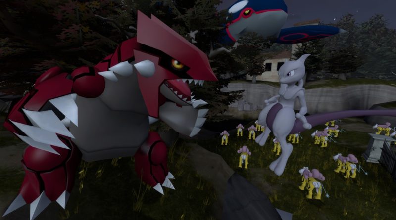 Groudon and Mewtwo chat as Raikous fight a massive Kyogre