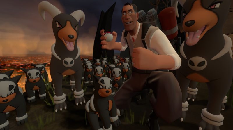 Medic surrounded by Houndooms and Houndours