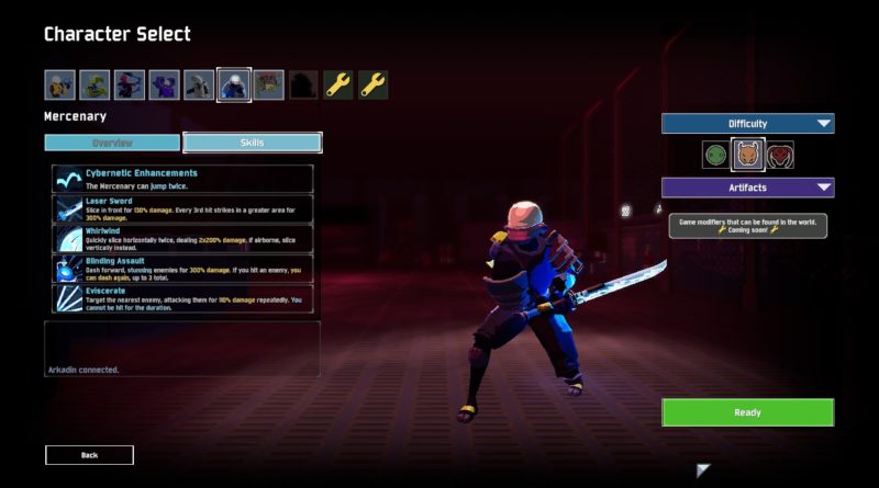 The Mercenary as displayed on the character select screen in Risk of Rain 2.