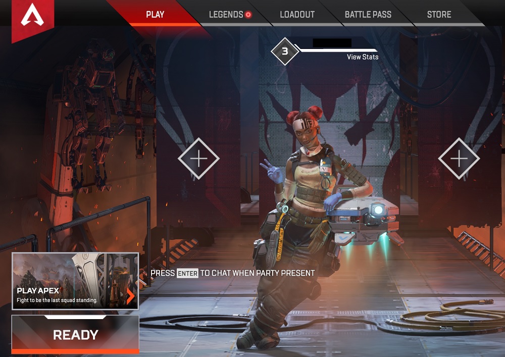 The Apex Legends main screen where you can ready up for battle.