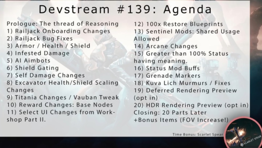 The agenda presented in Devstream 139