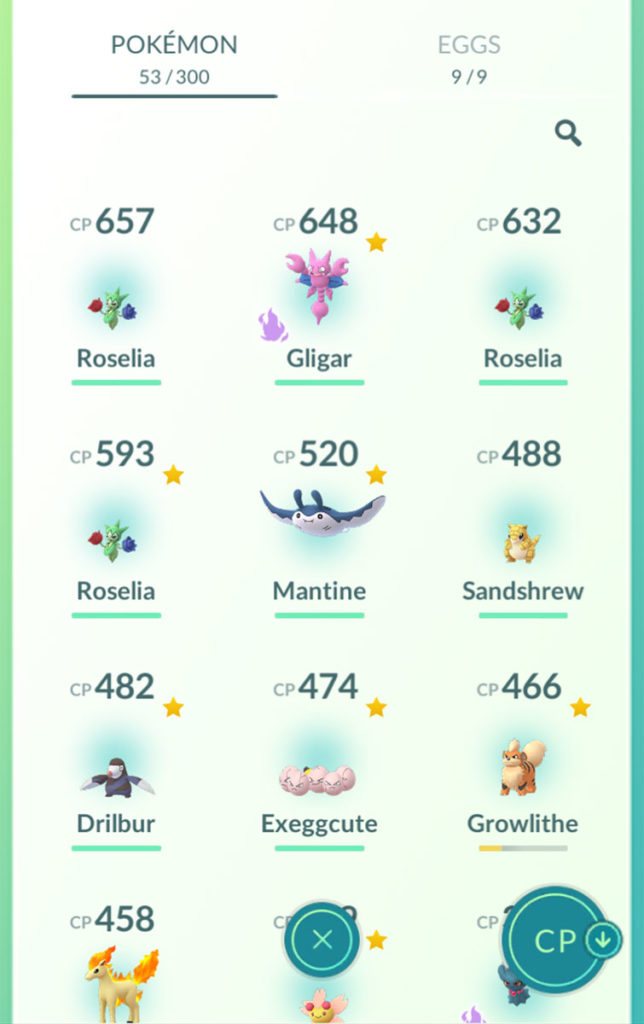Currently owned Pokemon, sorted by CP
