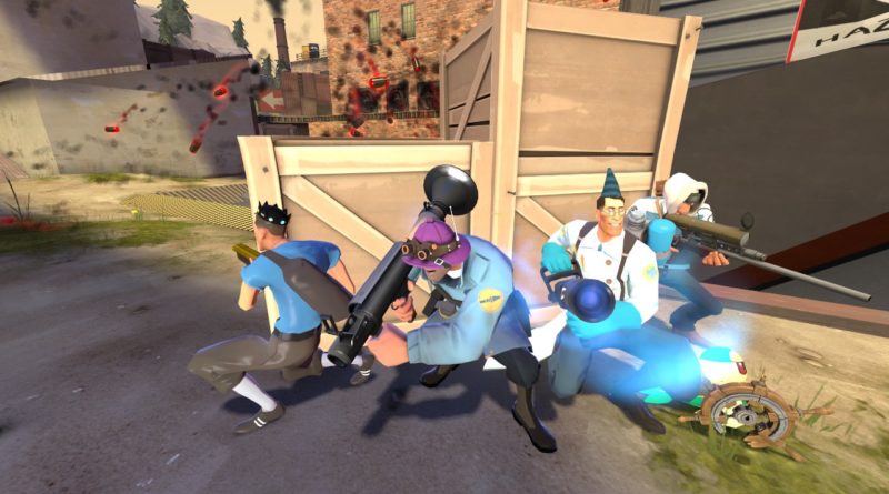 A 4v4 team hiding from a barrage of explosions in TF2