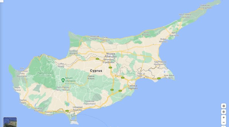 A map of Cyprus, as shown by Google Maps.