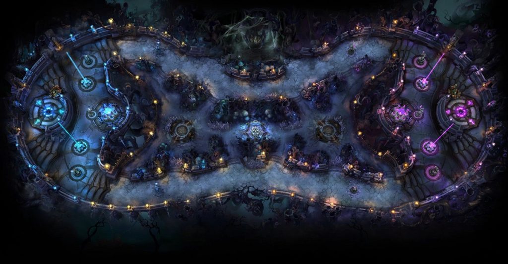 The Twisted Treeline map from above, courtesy of the League of Legends Wikia/Fandom site