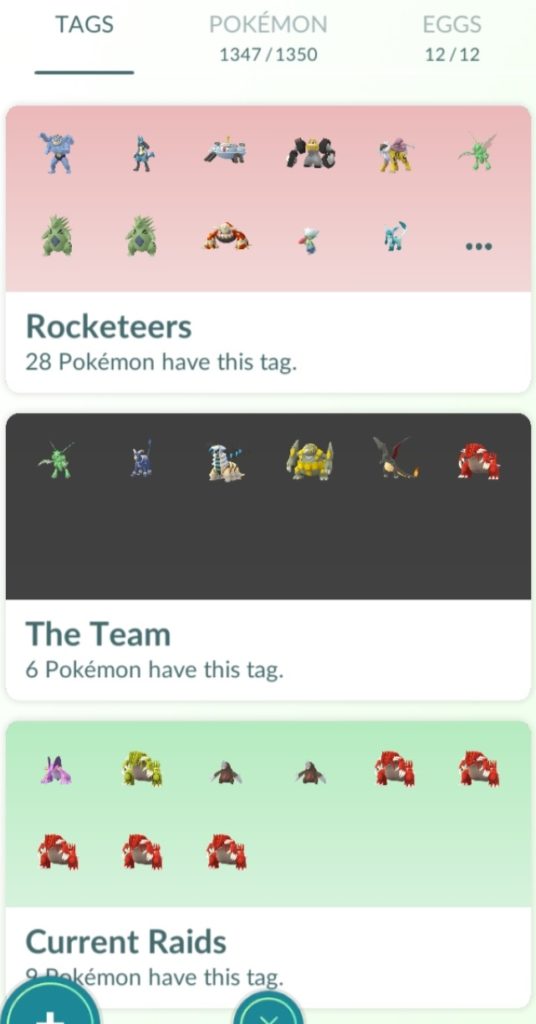Three tags made in Pokemon GO - one for raids, one for Team Rocket and one for fun