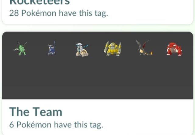 Three tags made in Pokemon GO - one for raids, one for Team Rocket and one for fun