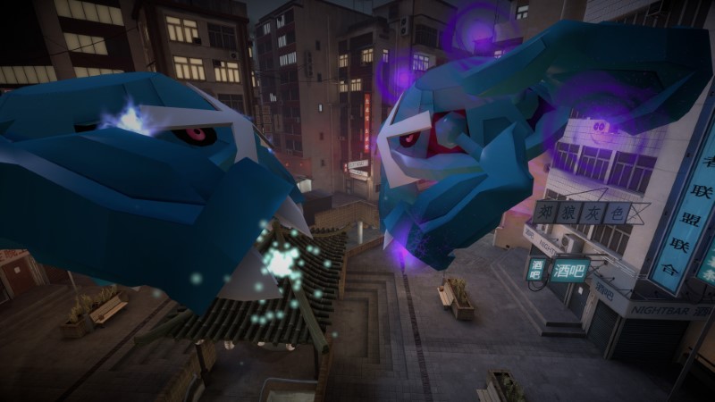A Purified Metagross and a Shadow Metagross duke it out in the city