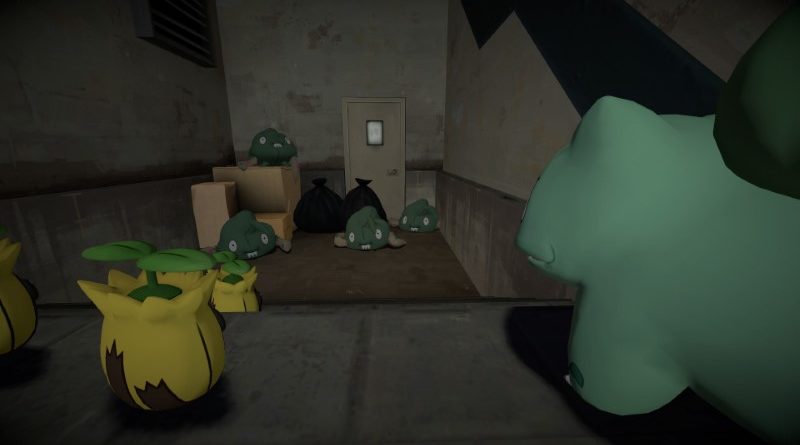 Some Sunkern and a Bulbasaur tut at some Trubbish in an alleyway.