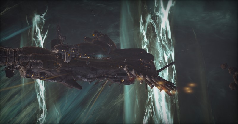 A Grineer Galleon in the middle of a Void Storm