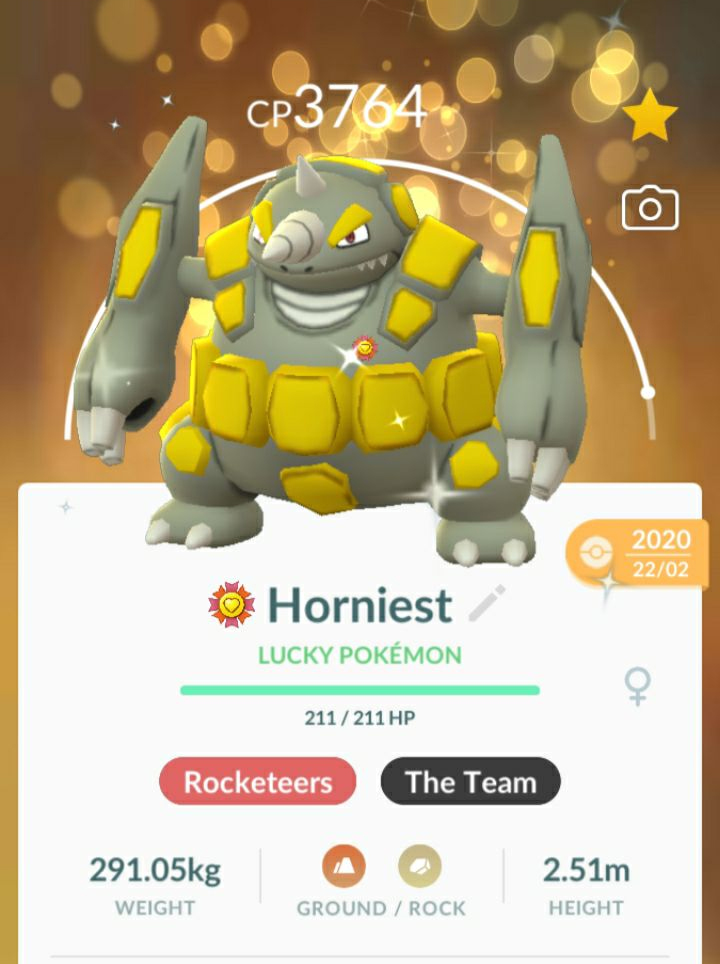 Horniest, a lucky shiny Rhyperior with Rock Wrecker and Super Power