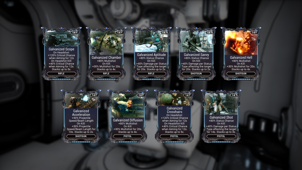 Galvanized mods, taken from the current arsenal workshop page on the Warframe forums