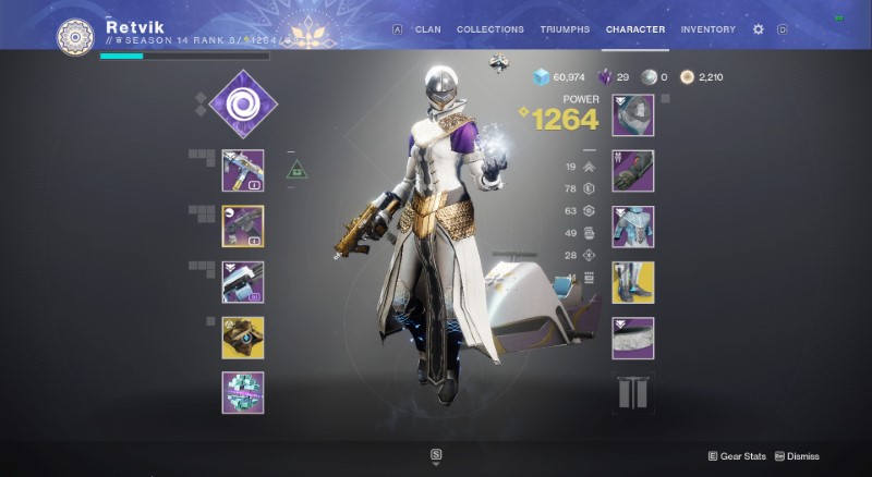 My Destiny 2 Warlock, using a neat white, gold and purple shader