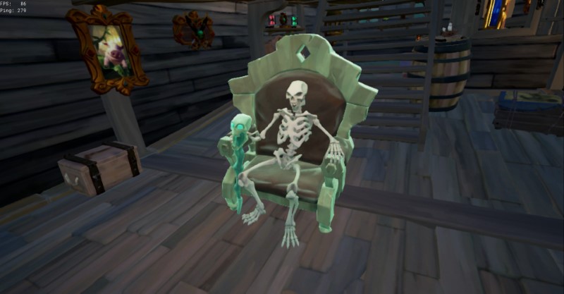 A skeleton sitting on a throne