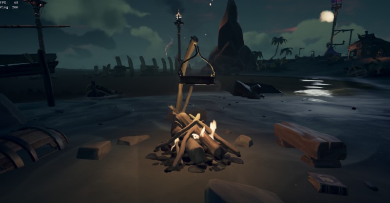 A campfire on an outpost in Sea of Thieves