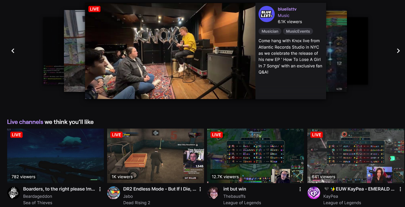 Twitch.tv's home page on November 8th 2023