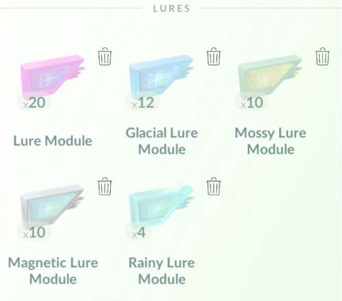 The five types of lure module currently in Pokemon GO