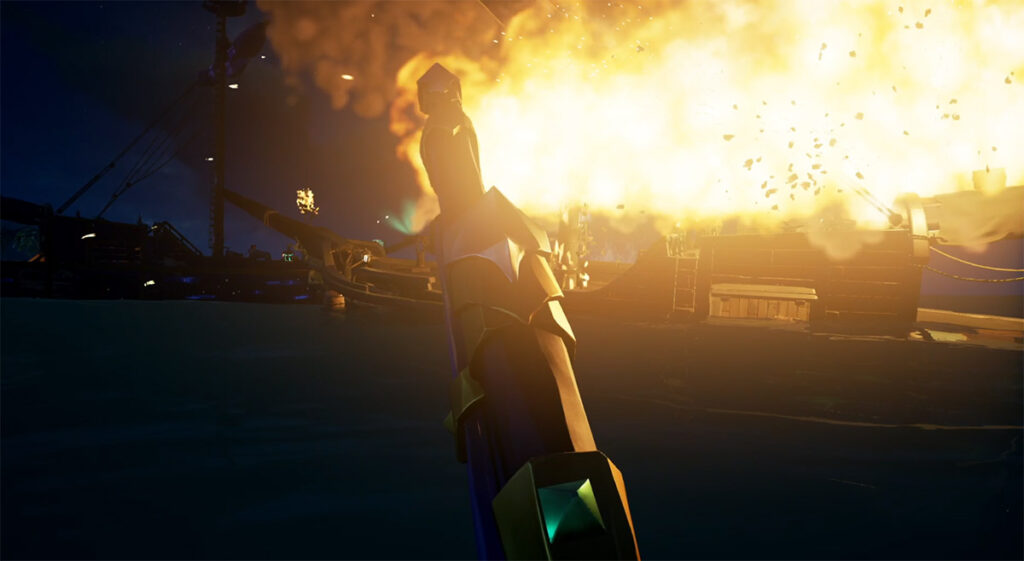 A ship being blown up. Screenshot courtesy of Bacxaber