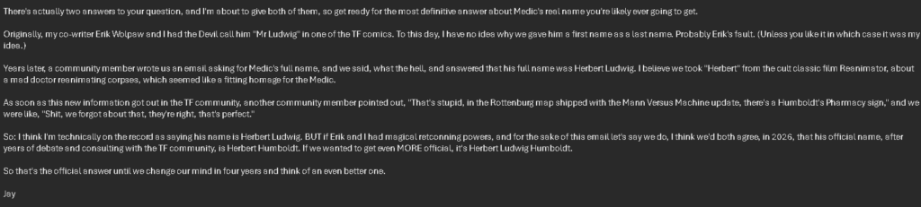 Jay Pinkerton's email about Medic's real name.